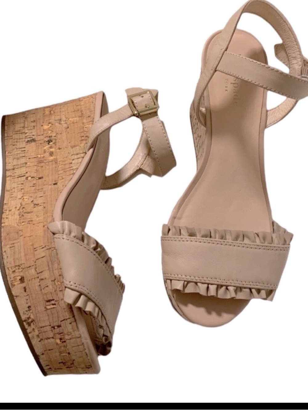 kate spade Nude Ruffle Cork Wedge Sandals